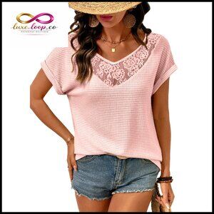 Waffle Knit Lace V-Neck Short Sleeve Blouse Loose Fit Casual Top
